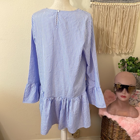Lucy Wang Plaid Long Sleeved Blue & White Mini Dress with Bottom Ruffle/ Large - Picture 7 of 7